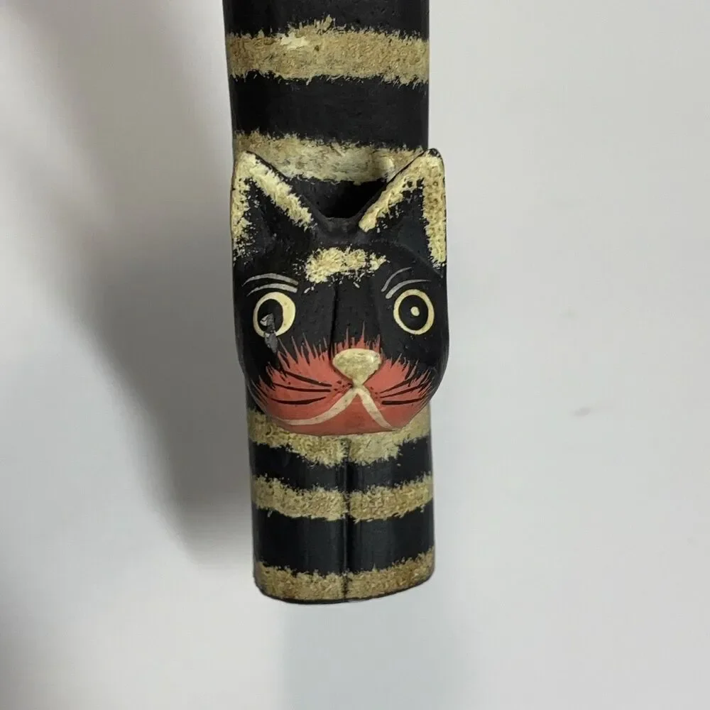 Carved Wooden Striped Cat Figurine Folk Art Hand-Painted Black Gold